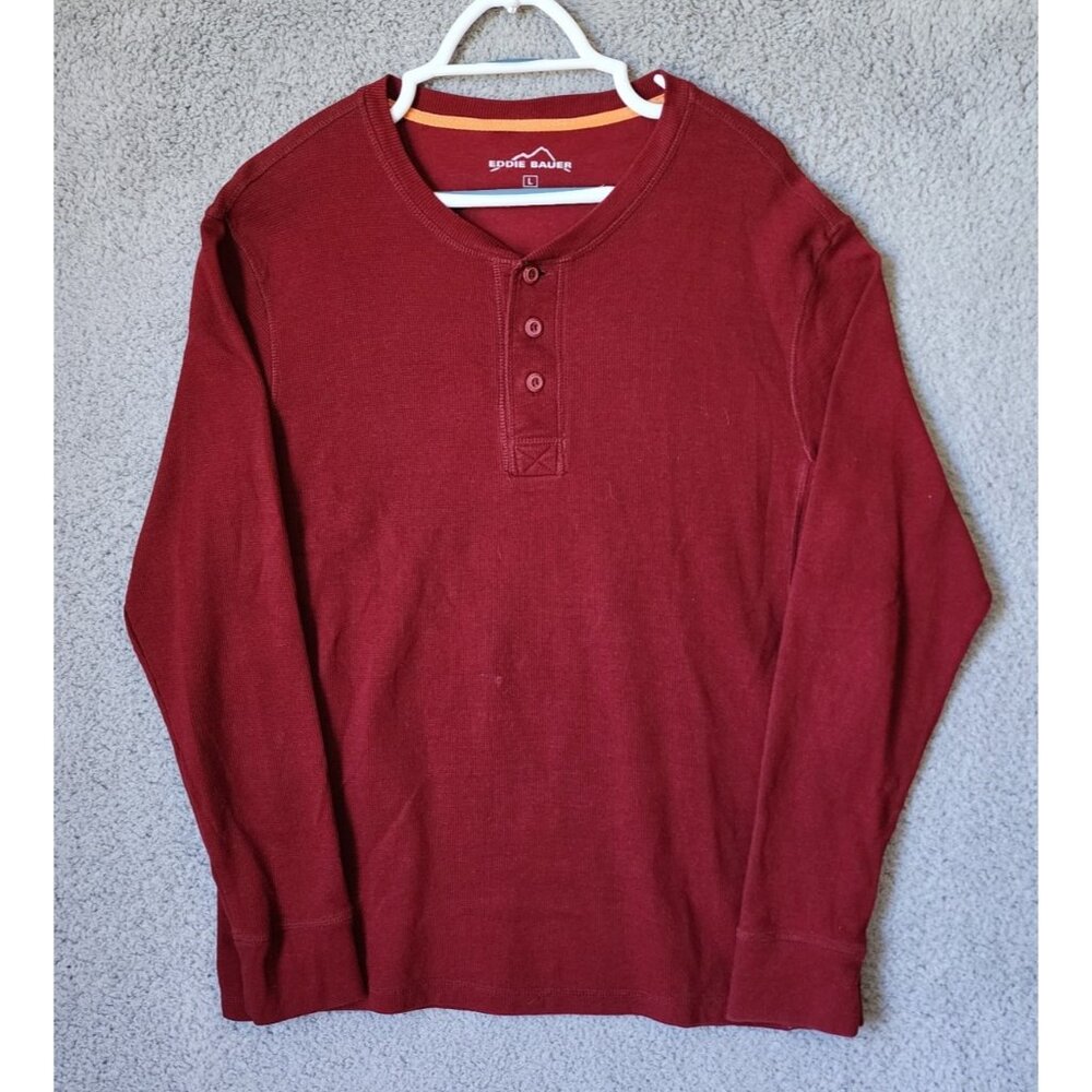 Eddie Bauer Red Waffle Knit Thermal Casual Outdoor Henley Shirt Men's Size Large